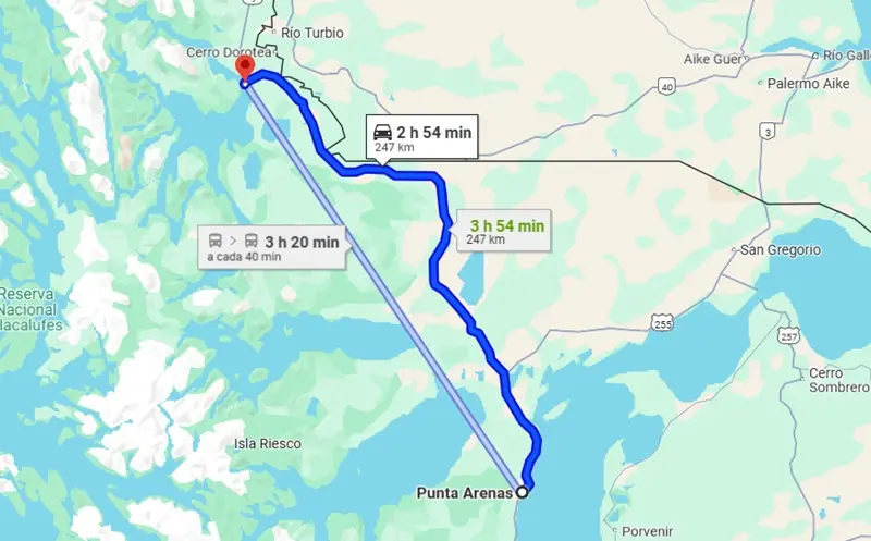 Mapa de Punta Arenas a Puerto Natales de carro