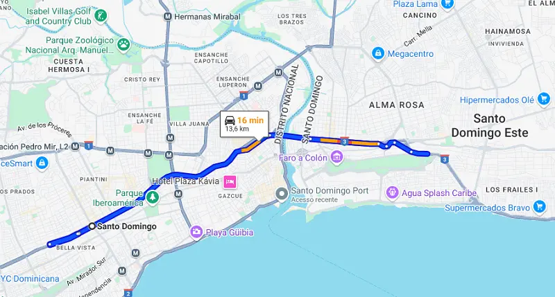 Mapa: De Santo Domingo até o Los Tres Ojos