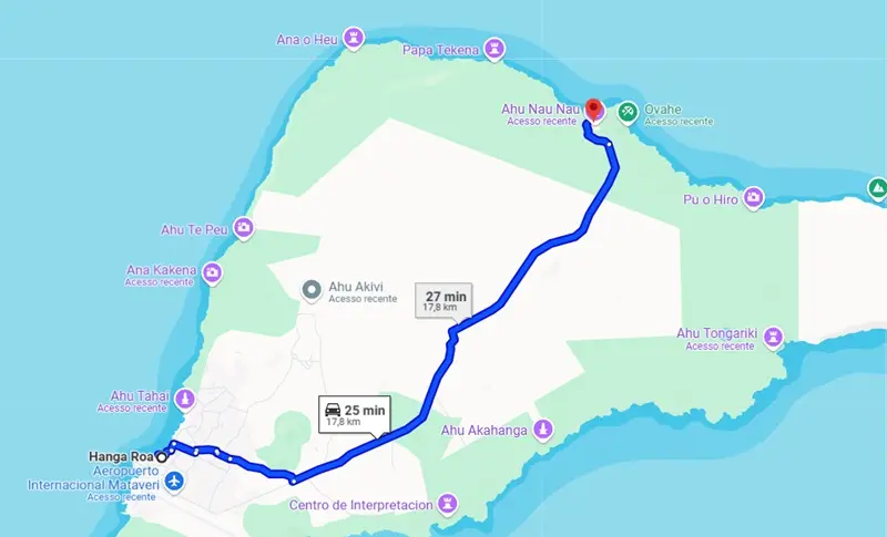 Mapa de Hanga Roa até a Praia Anakena na Ilha de Páscoa