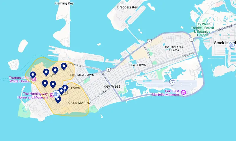 Mapa de melhores hotéis em Key West