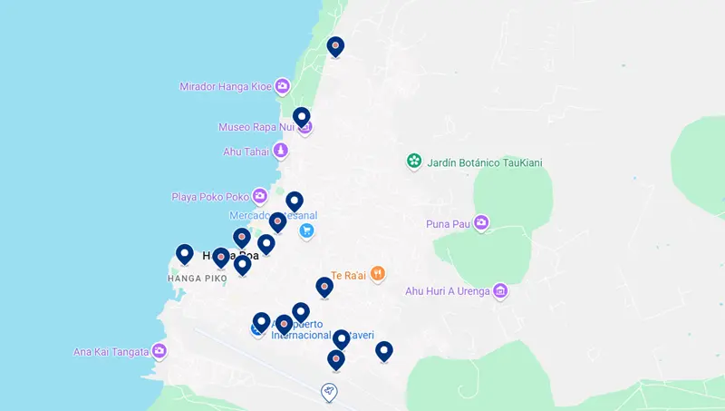 Mapa dos melhores hotéis em Hanga Roa na Ilha de Páscoa