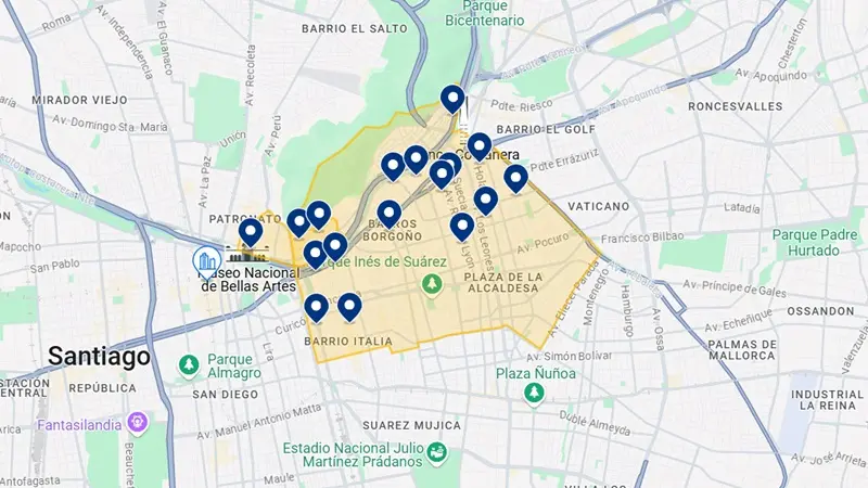 Mapa dos hotéis nas melhores regiões onde ficar em Santiago