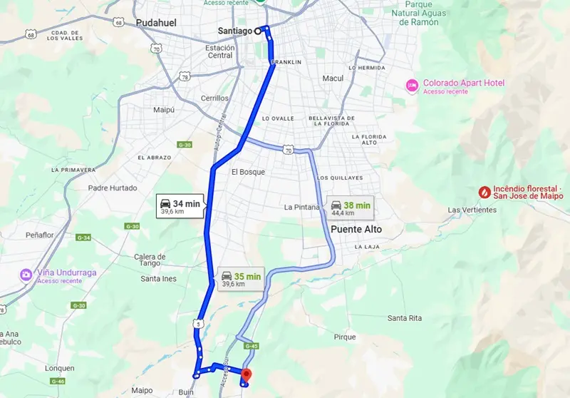 Mapa de Santiago à Vinícola Santa Rita