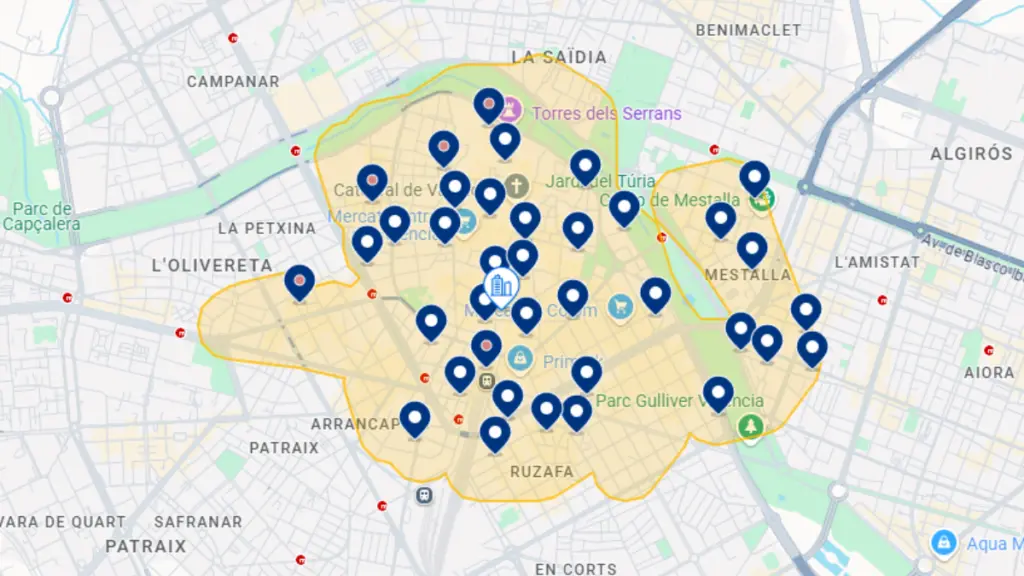 Mapa de hotéis em Valência