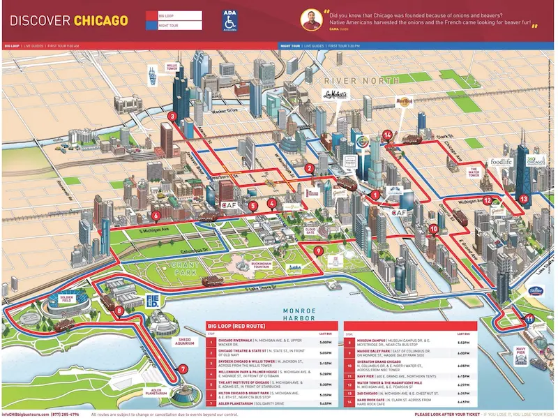 Mapa do passeio de ônibus turístico por Chicago