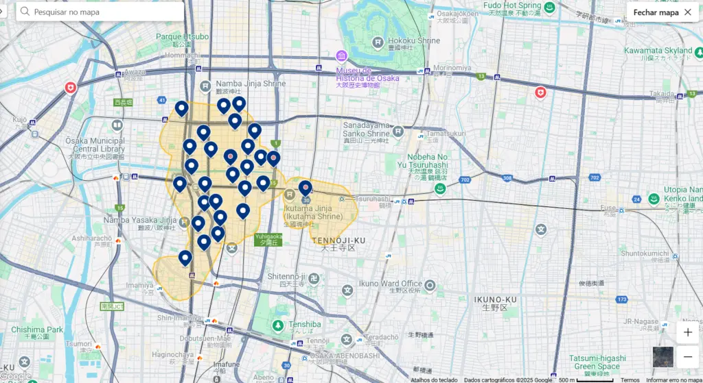 Mapa hotéis em Osaka