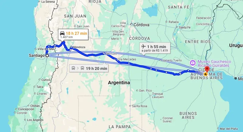 Mapa da distância entre Santiago e Buenos Aires