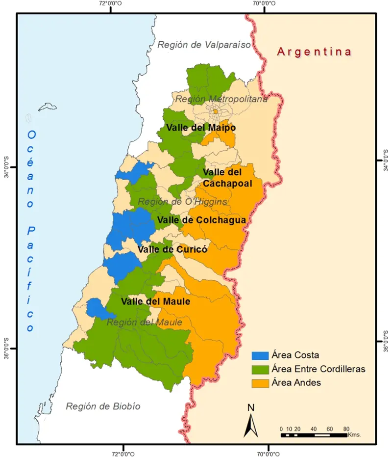 Mapa da rota do vinho no Chile