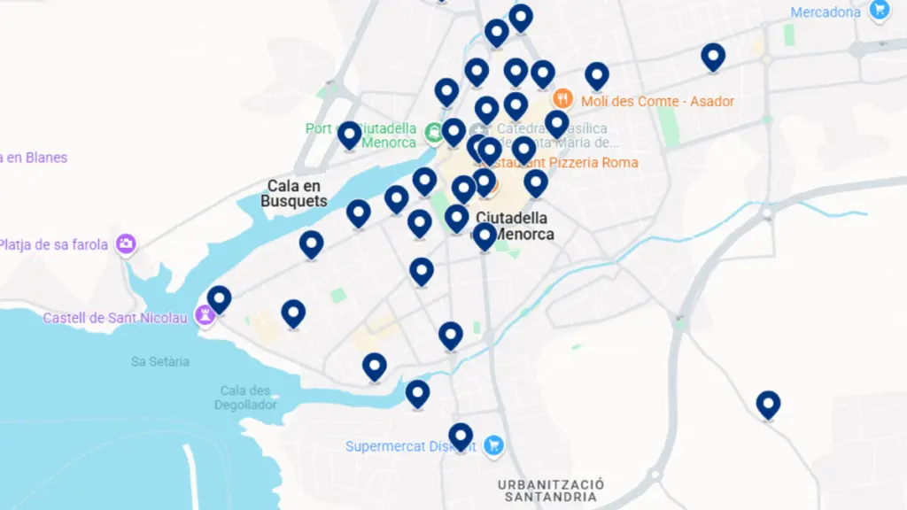 Mapa de hotéis em Ciutadella em Menorca