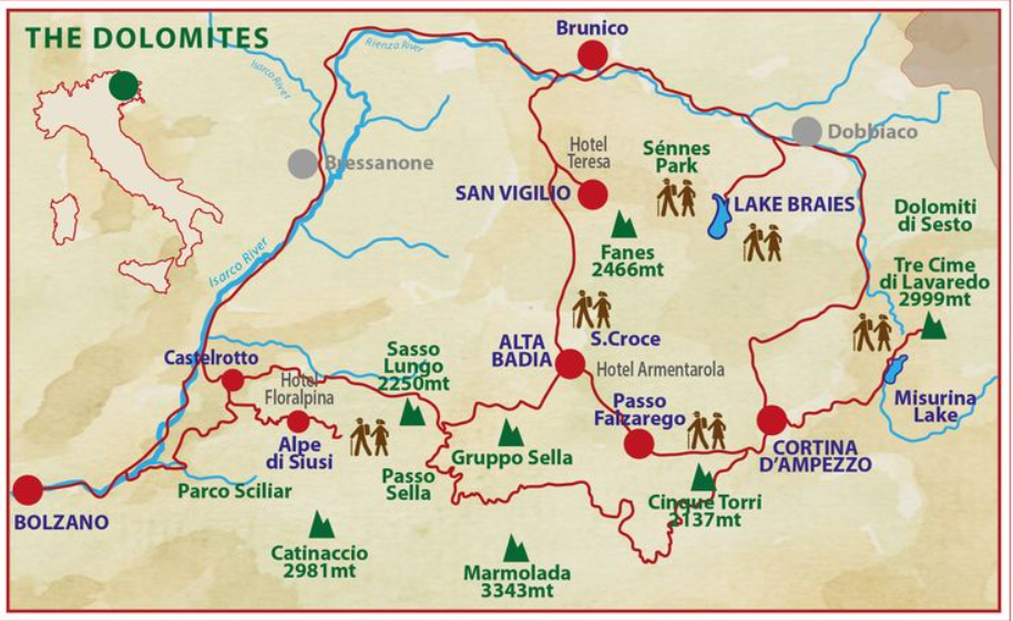 Mapa da região de Dolomitas