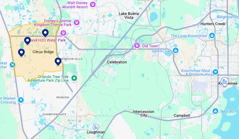 Mapa de melhores hotéis no oeste de Kissimmee