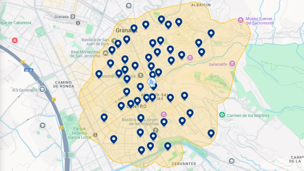 Mapa de hotéis em Granada