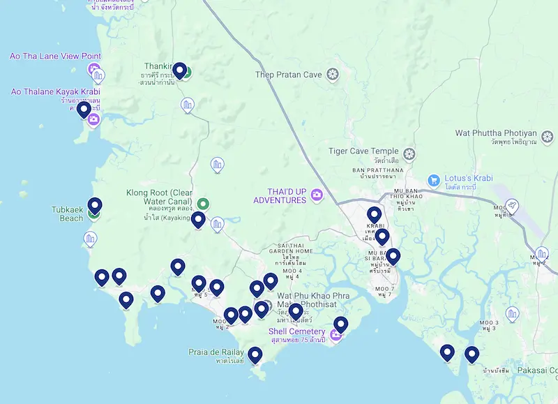 Mapa de hotéis em Krabi