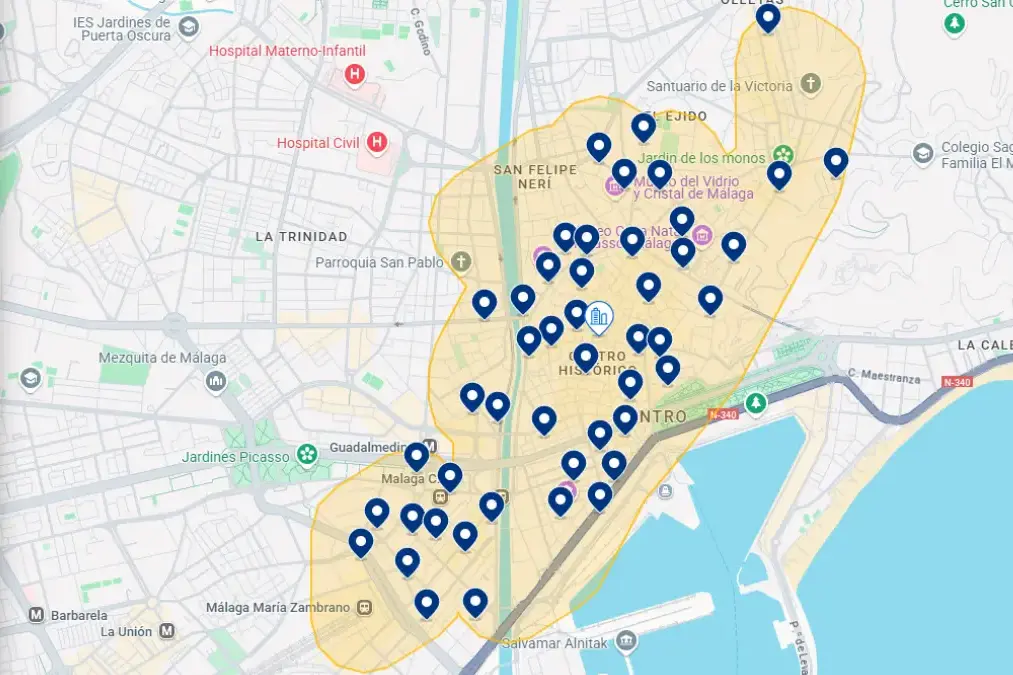 Mapa de hotéis em Málaga