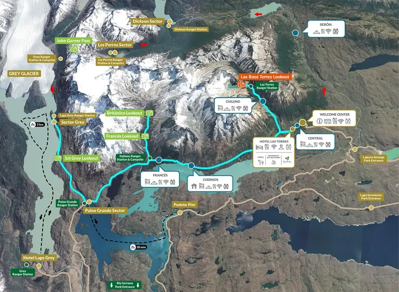 Percurso completo do Circuito W no Parque Nacional Torres del Paine