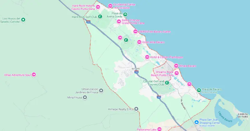 Mapa da região de Bávaro em Punta Cana