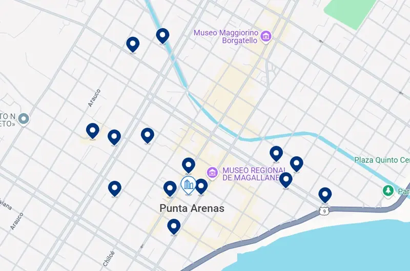 Mapa dos melhores hotéis em Punta Arenas