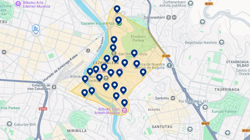 Mapa de hotéis em Bilbao