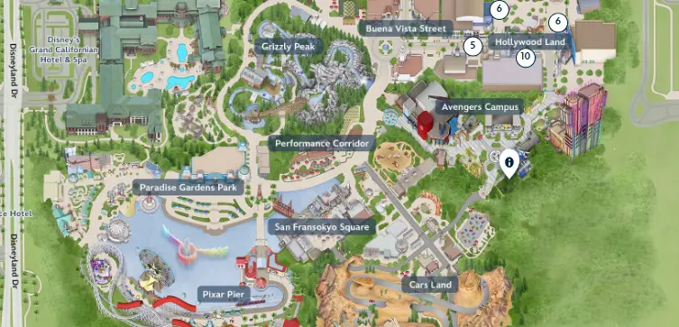 Mapa das áreas do Disney California Adventure Park 