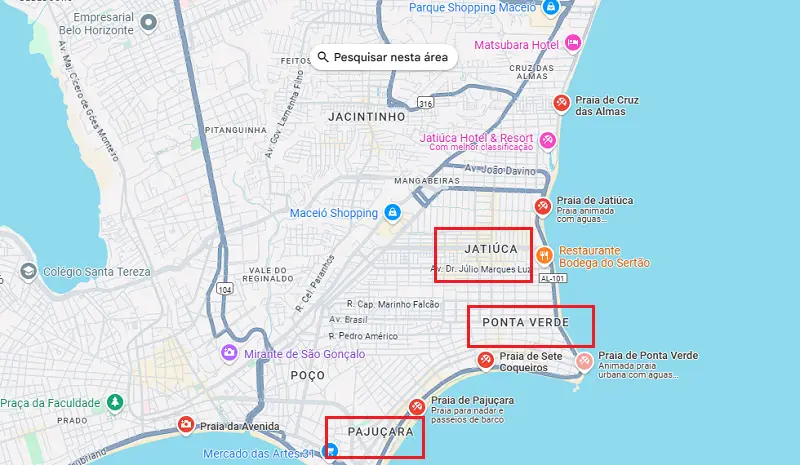 Mapa das praias centrais de Maceió: Jatiúca, Ponta Verde e Pajuçara