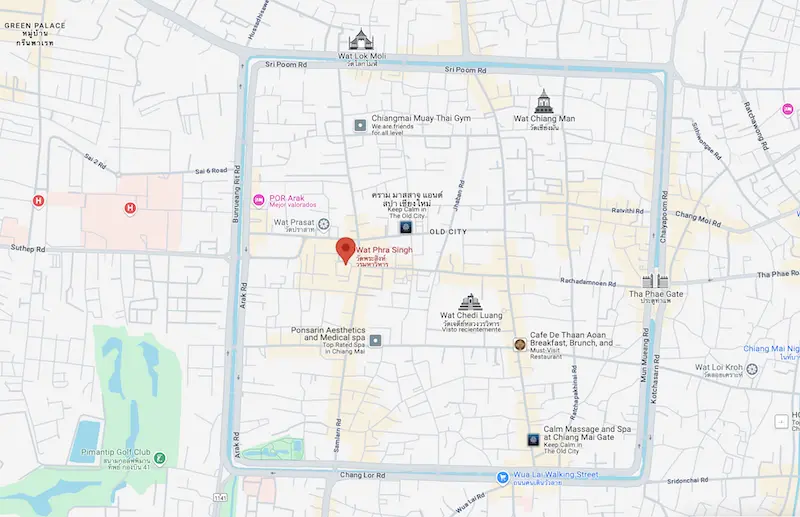 Informações da visita ao Wat Phra Singh - mapa