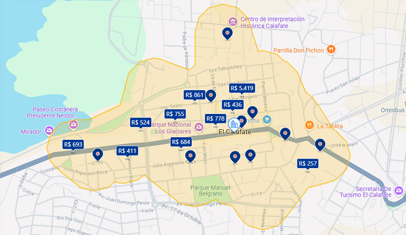 Mapa da região central de El Calafate