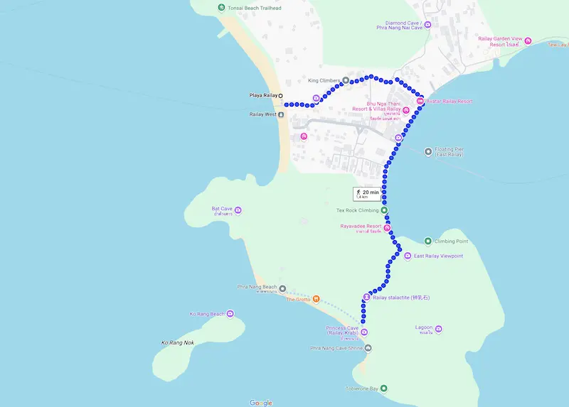 Mapa de Krabi a Phra Nang Cave Beach