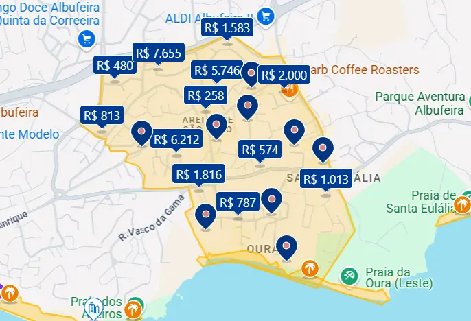 Mapa da região da Praia da Oura