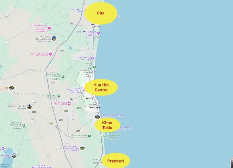 Mapa das regiões de Hua Hin