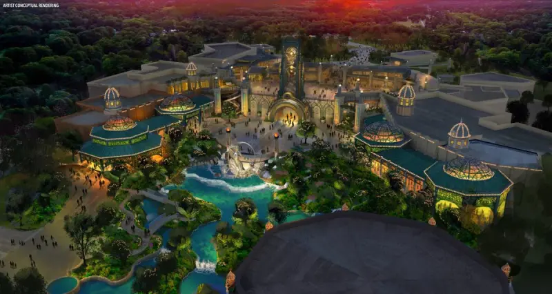 Vista da área Celestial Park no Epic Universe em Orlando