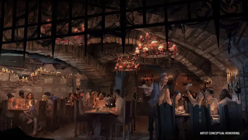 Interior do restaurante Das Stakehaus no Epic Universe em Orlando