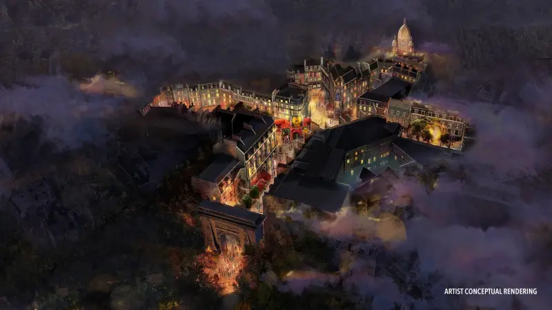 Vista da área The Wizarding World of Harry Potter – Ministry of Magic no Epic Universe em Orlando