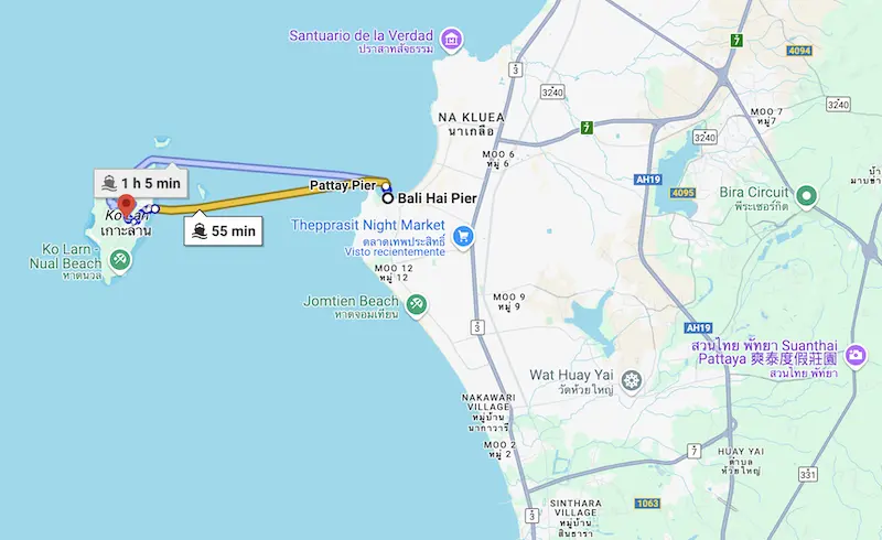 Mapa ilha Koh Larn desde Pattaya