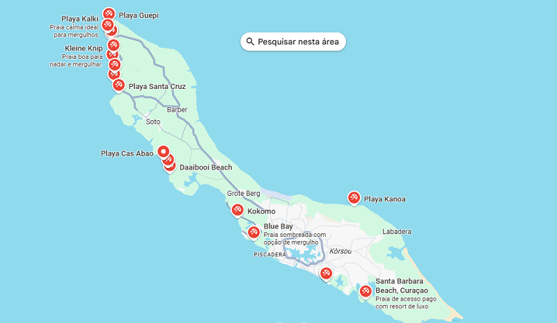 Mapa com algumas praias de Curaçao