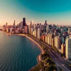 Vista aérea do entardecer na cidade de Chicago