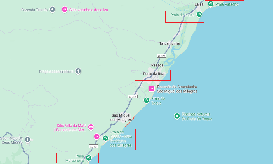 Mapa com as praias de São Miguel dos Milagres
