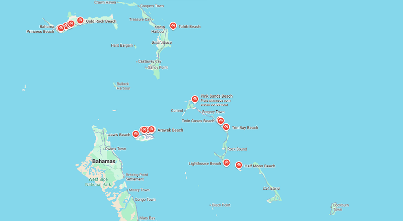 Mapa com algumas das principais praias das Bahamas