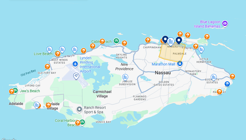 Mapa com a melhor região onde ficar em Nassau