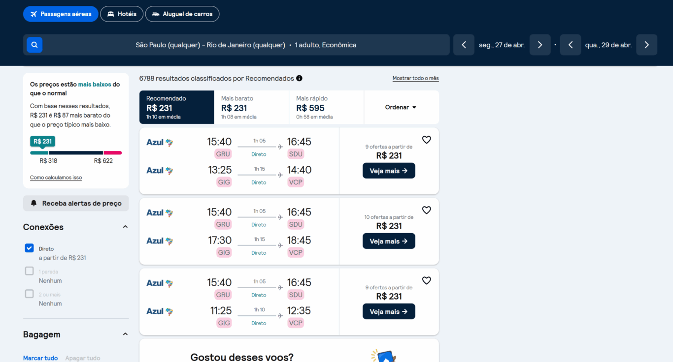 Preço dos voos no comparador de passagens aéreas - Rio de Janeiro
