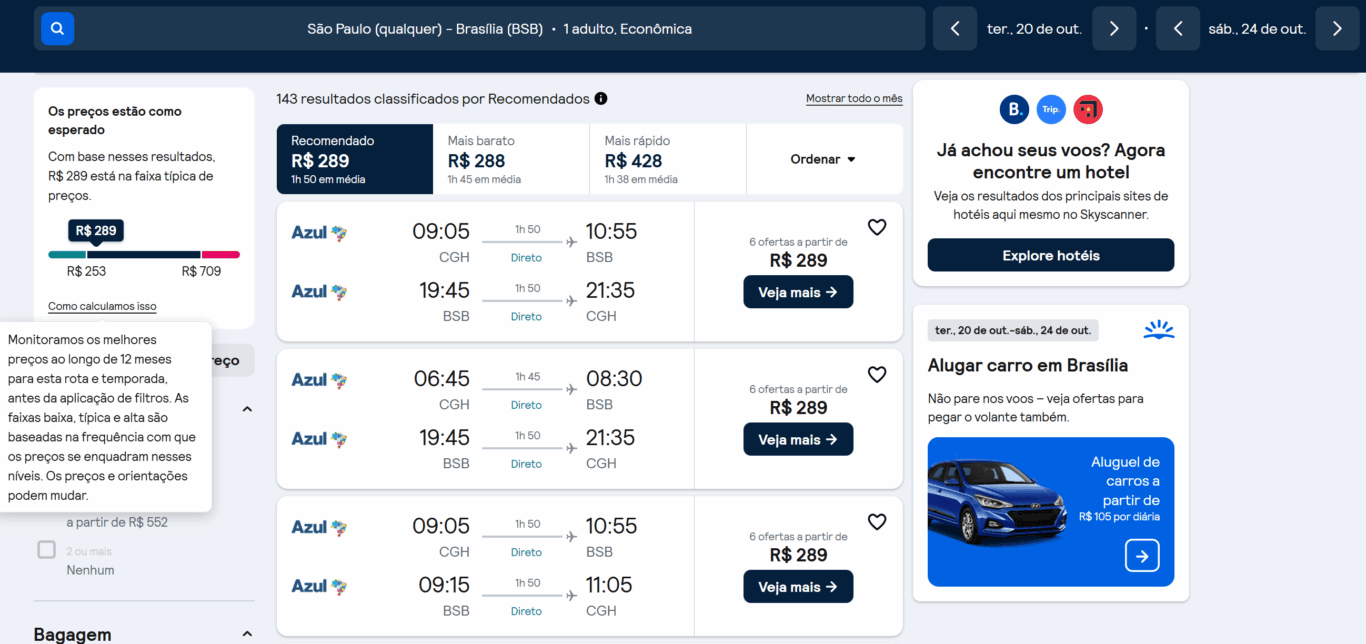 Preço dos voos no comparador de passagens aéreas