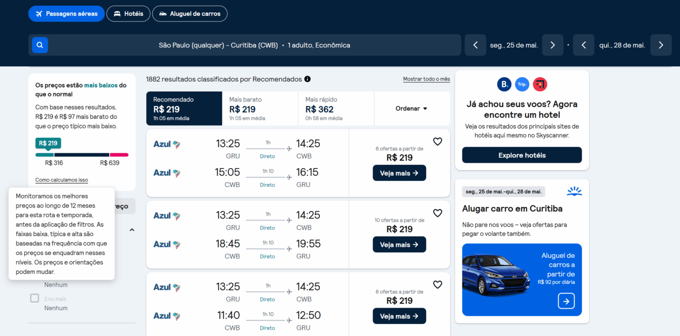 Preço dos voos no Comparador de passagens aéreas - Curitiba