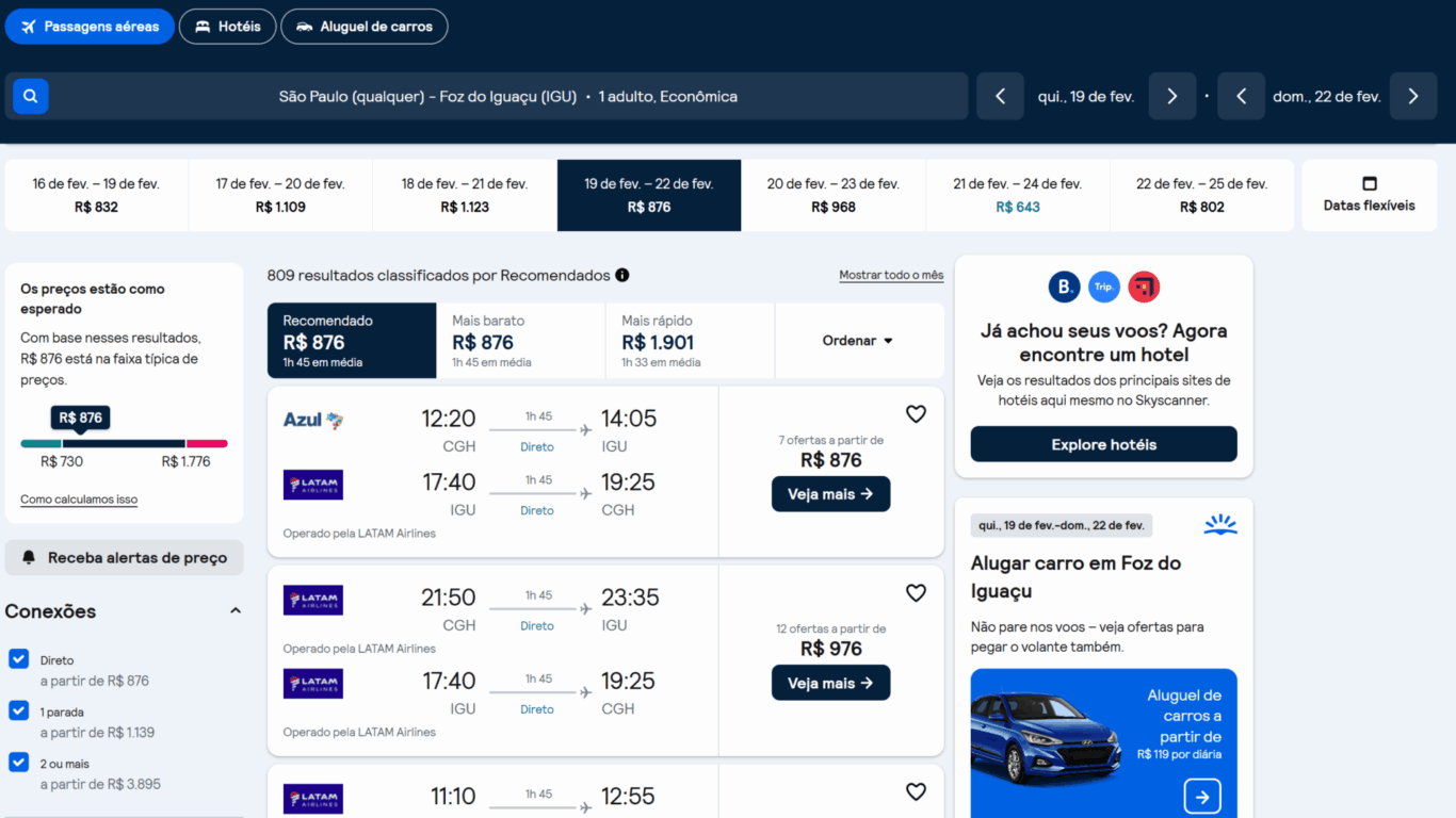 Preço dos voos no Comparador de passagens aéreas - Foz do Iguaçu