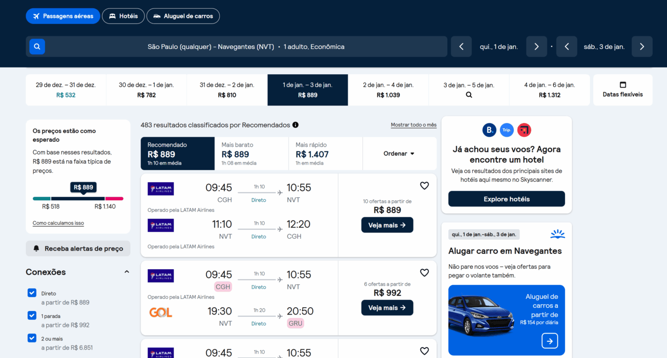 Preço dos voos no comparador de passagens aéreas - Navegantes