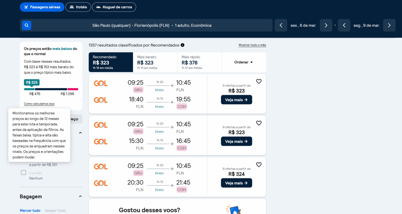 Preço dos voos no comparador de passagens aéreas - Florianópolis