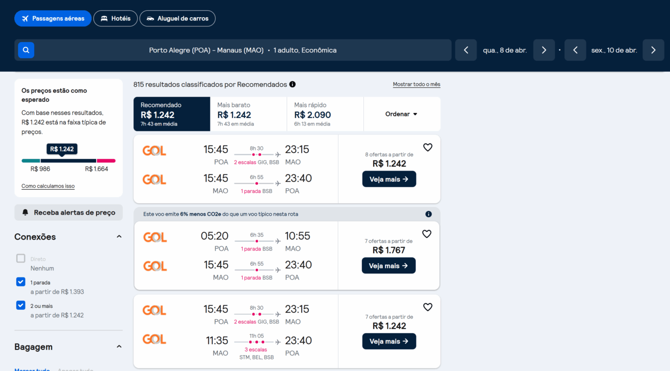 Preço dos voos no comparador de passagens aéreas - Manaus