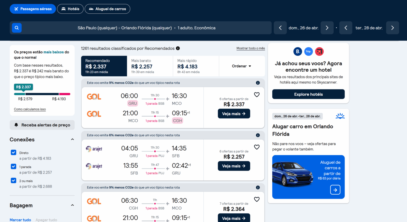 Preço dos voos no comparador de passagens aéreas - Orlando