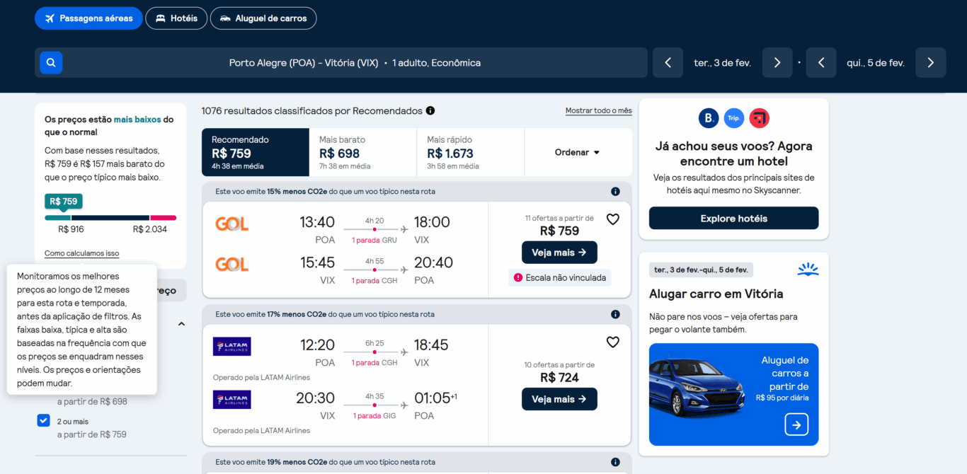 Preço dos voos no comparador de passagens aéreas - Vitória