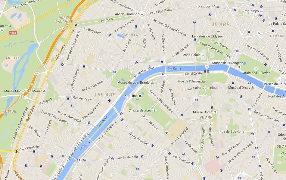 Mapa da regi&atilde;o da torre eiffel em Paris