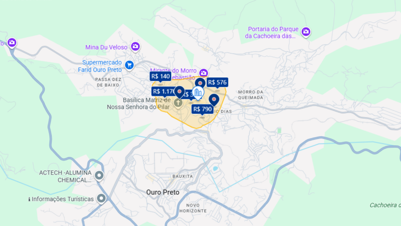 Mapa de hotéis em Ouro Preto Mapa de hotéis em Ouro Preto
