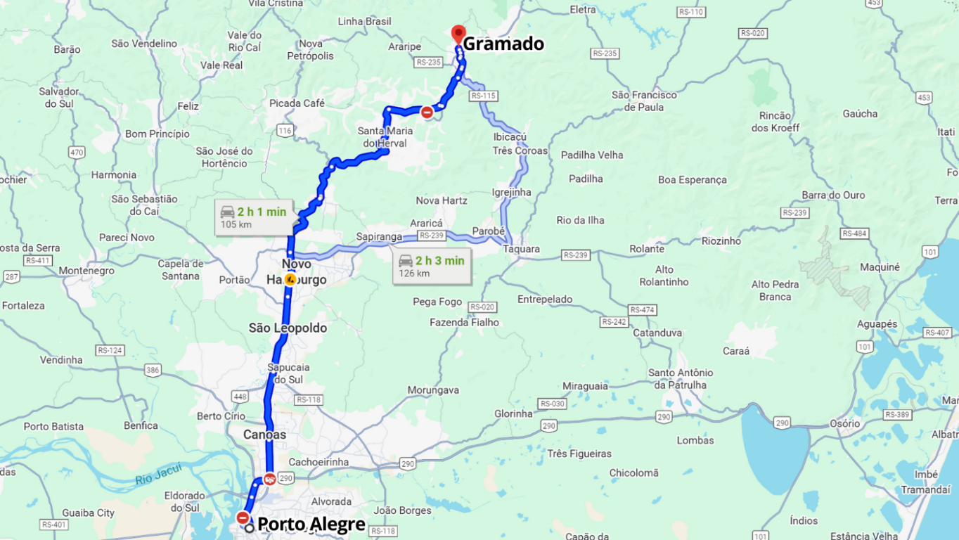 Mapa do trajeto de Porto Alegre a Gramado Mapa do trajeto de Porto Alegre a Gramado